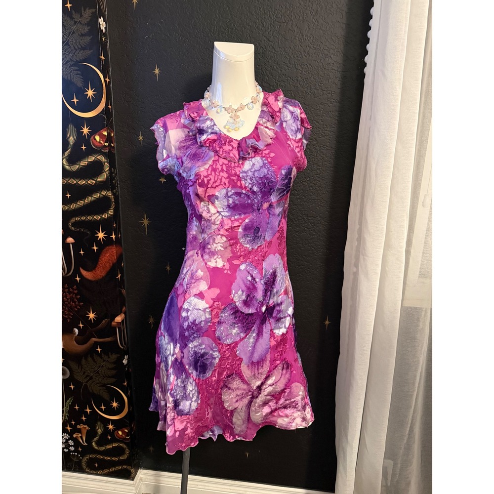 Pink Purple Floral Ruffle V-Neck Cap Sleeve Lettuce Hem‎ Mesh Mini Dress Womens